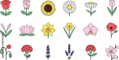 Colorful cartoon flowers on white background