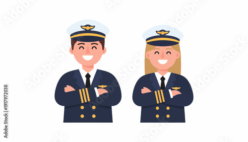 Male and Female Pilots in Uniform with Arms Crossed.