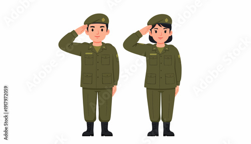 Male and Female Soldiers Saluting in Uniform.