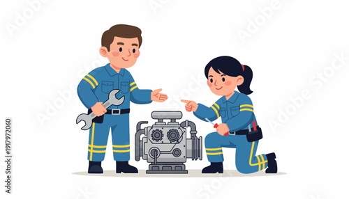 Mechanics Inspecting Engine Teamwork in Automotive Repair Illustration.