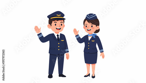 Pilot and Flight Attendant Waving Cartoon Illustration.