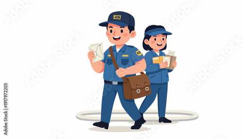 Two Cartoon Mail Carriers Delivering Mail with Bags and Letters.