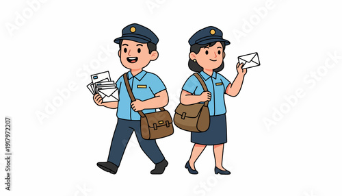 Two cartoon mail carriers delivering letters with shoulder bags.