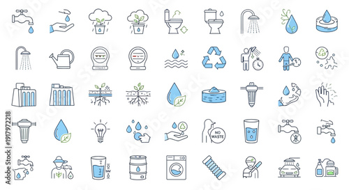 Water Conservation & Usage Colorful Line Icons Set