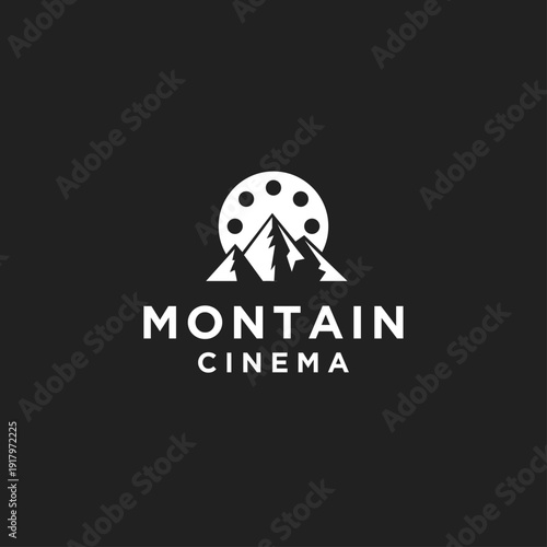 Minimalist Montain Cinema Logo featuring stylized mountains and a film reel symbol on a dark background.