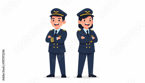 Two Cartoon Pilots Standing with Arms Crossed and Smiling.