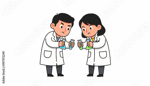 Two cartoon scientists in lab coats examining test tubes with liquids.
