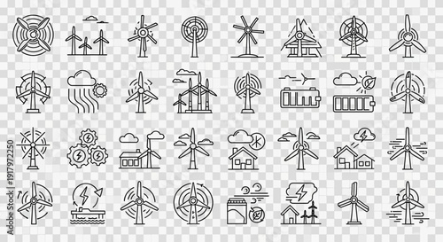 Diverse Wind Energy Systems & Weather Impact Monochrome Icons