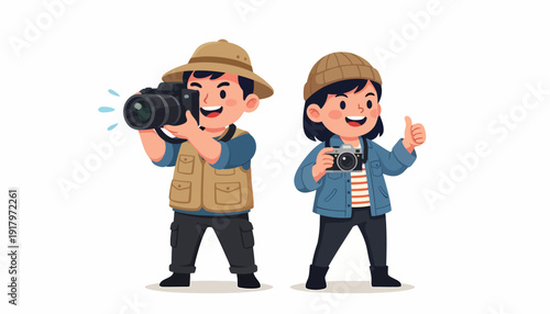 Two cheerful cartoon photographers ready for adventure and capturing memories.