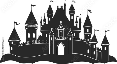 Black and white of a medieval castle with multiple towers and flags on a wavy base