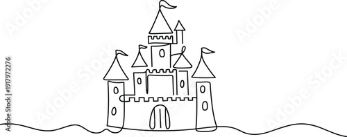 A black and white line of a castle with multiple towers and flags on of a wavy ground line black and white
