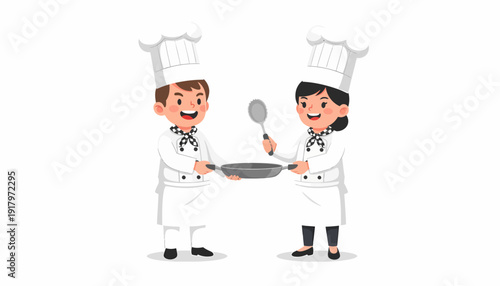 Two cheerful chefs cooking together with pan and spoon.