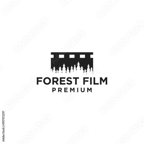 Minimalist Forest Film Logo Design featuring a Film Strip and Pine Trees Silhouette for Cinema and Nature Branding