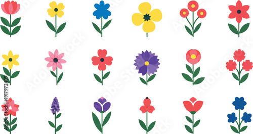 Colorful flowers on green stems with leaves on white background