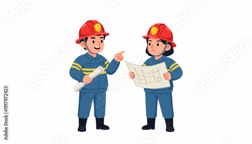 Two firefighters reviewing plans teamwork and safety concept.