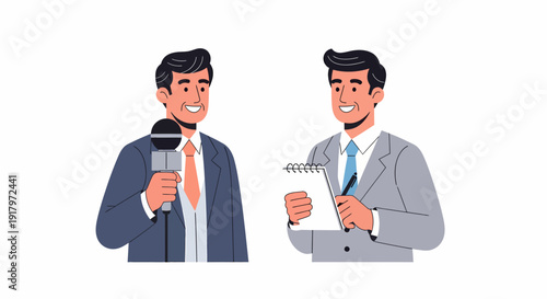 Two Male Journalists One Interviewing with Microphone Other Taking Notes.