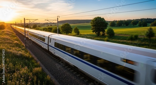 Wallpaper Mural High-speed train streaks across tracks at sunset, silhouetted power lines above fields Torontodigital.ca