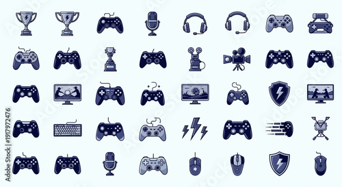 Gaming & Streaming Blue Icons: Controllers, Microphones, Screens, and Gear