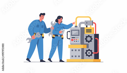 Two mechanics repairing industrial machine wearing blue overalls and holding wrenches.