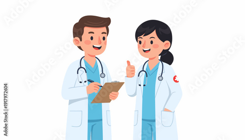 Two Smiling Doctors in White Coats Discussing Patient Care.