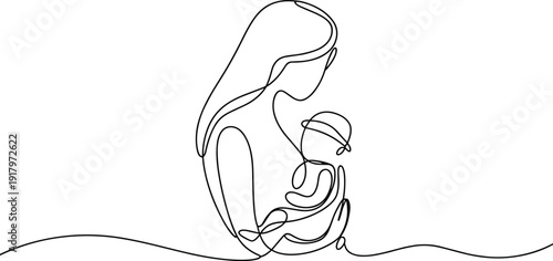 Minimalist line of a mother holding a baby with a baseball cap on a plain background line minimalist