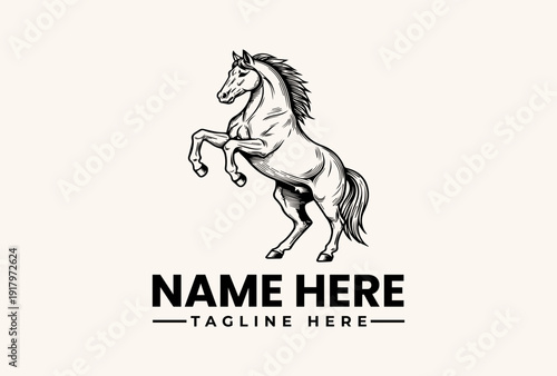 A rearing horse logo with a bold, modern design on a clean white background, featuring placeholder text for a company name and tagline in a stylized vector illustration.