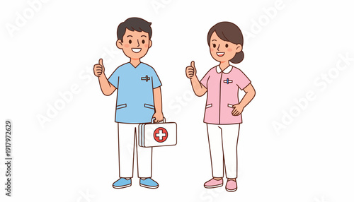 Two Smiling Healthcare Workers Giving Thumbs Up in Cartoon Style.