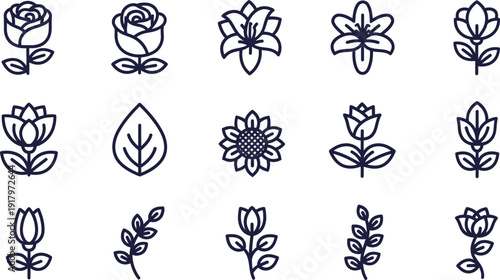 Navy blue line of various flowers and leaves on white background