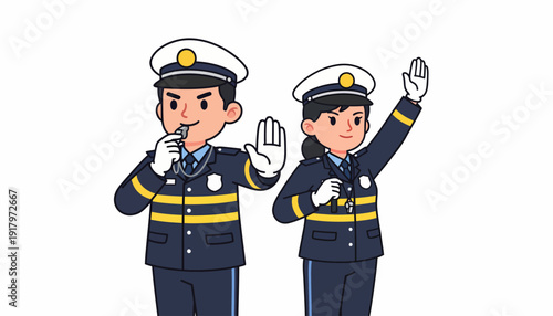 Two traffic officers directing traffic with hand gestures and whistle.