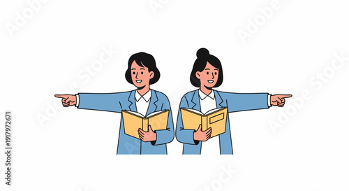Two women pointing in opposite directions while holding books.