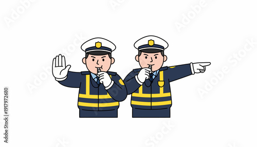 Two Traffic Police Officers Directing Traffic with Whistles.