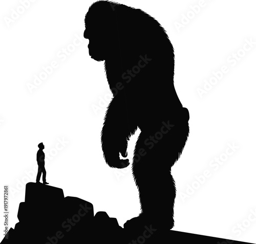 Silhouette of a giant hairy creature standing next to a small human figure on rocks
