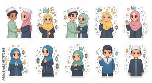 Collection of cute cartoon Muslim characters in traditional attire, celebrating Eid or Ramadan, with various poses and greetings, perfect for stickers or cultural designs.