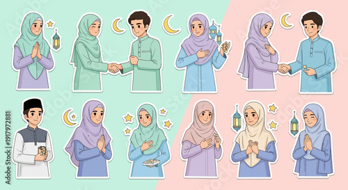 Cartoon illustrations of Muslim men and women celebrating Eid al-Fitr or Ramadan, showing greetings, prayers, and traditional attire.