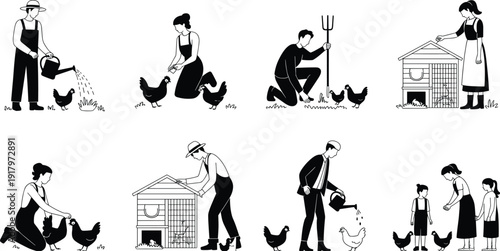 People caring for chickens in various activities and settings black white farming