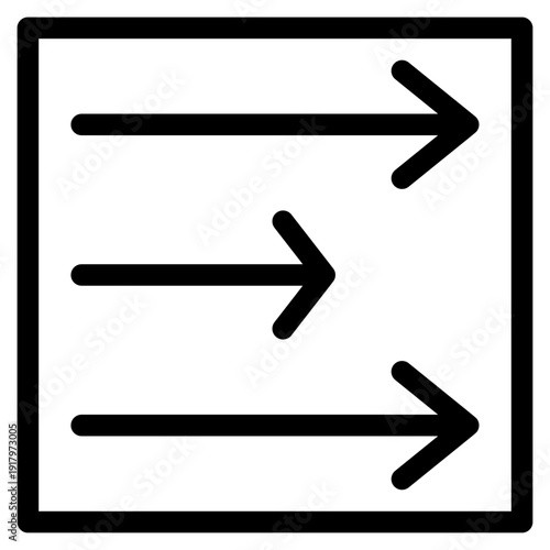 Directional Flow: A minimalist icon, featuring three horizontal arrows pointing rightward within a square frame, representing direction, movement, and guidance. 