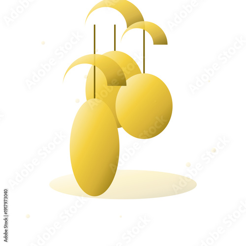 Three yellow mangoes hanging from sticks on a white background.