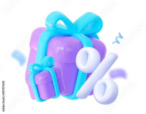 3D vector gift boxes with percentage sign and confetti. Concept of holiday sale, loyalty program bonus, and special discount offer. 