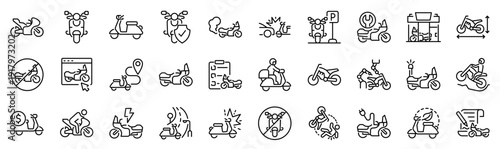 Set of 30 outline icons related to motorcycle, moped. Linear icon collection. Editable stroke. Vector illustration