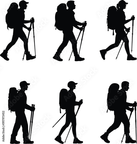 Six black silhouette hikers with backpacks and trekking poles walking in different postures