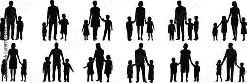 Silhouettes of various family groups standing together in different configurations