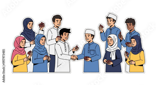 Diverse group of Muslim children and young adults celebrating Eid, sharing dates and greetings in a festive gathering.