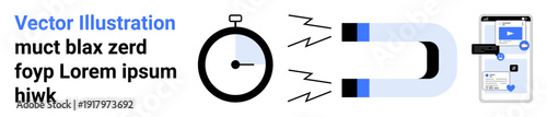 Time management, digital marketing, lead generation, user experience, analytics, productivity. Stopwatch, magnet attracting smartphone interface. Digital marketing and lead generation idea