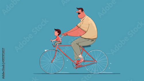 Father and child ride a red bicycle with a teal background