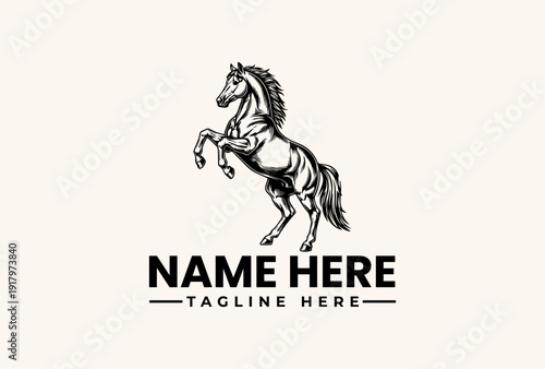 A rearing horse logo with a bold typographic design for a company name and tagline on a clean, light beige background, in a vector illustration style.