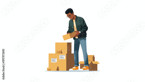 Person sorting cardboard boxes, one open, on white background