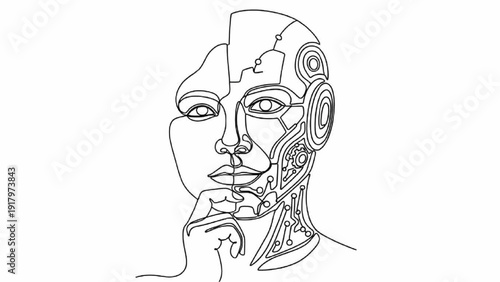 Black continuous line art of a robot and human face blending together, human–AI collaboration and future intelligence concept