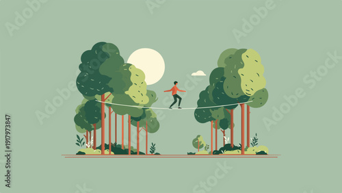 Person balances on tightrope between trees with sun and clouds in the sky