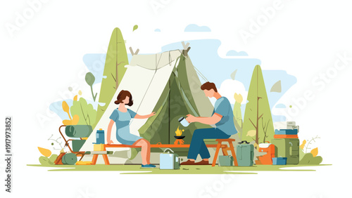 Couple camping outdoors, preparing food near a tent amidst trees and greenery