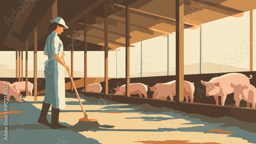 Farmer tends to pigs in a sunny, open-air enclosure, cleaning the ground